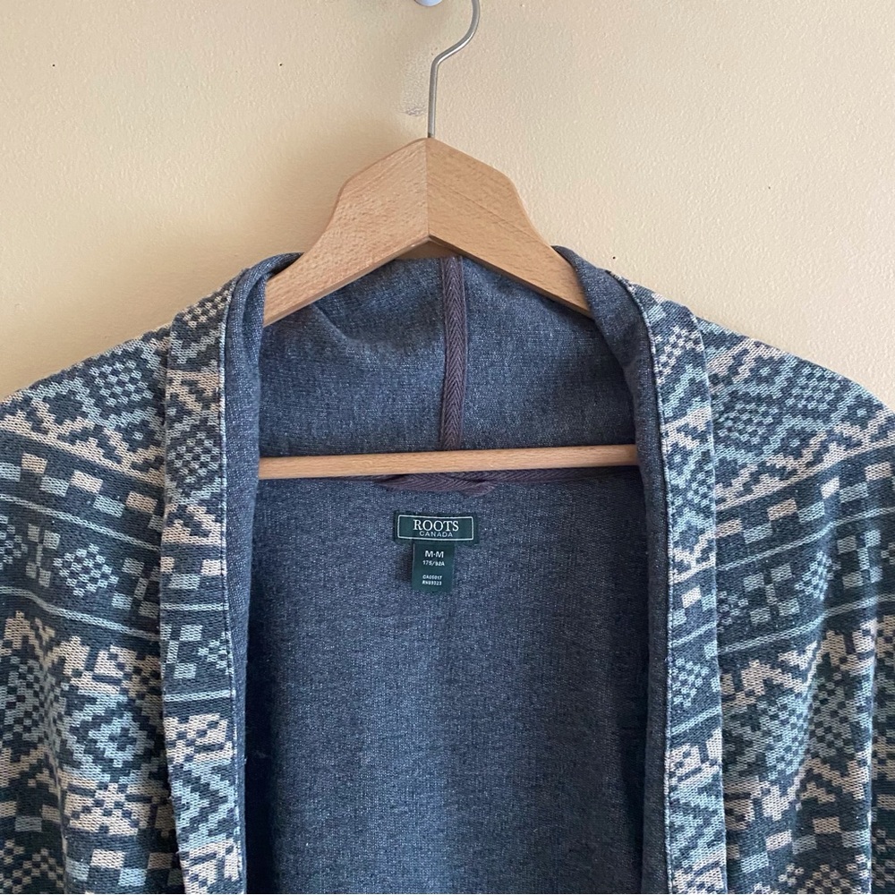 Roots Canada Fair Isle Open Cardigan Sweater Blue Nordic Knit Size Medium Office - Picture 5 of 15